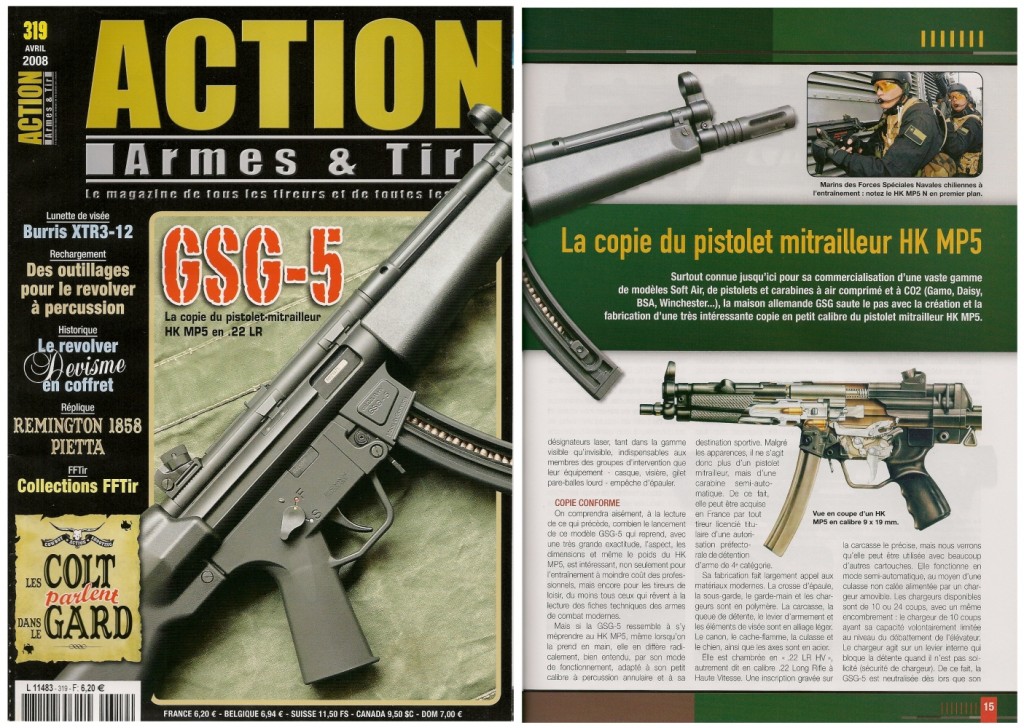 Le banc d’essai de la carabine GSG-5 a été publié sur 7 pages dans le magazine Action Armes & Tir n°319 (avril 2008)