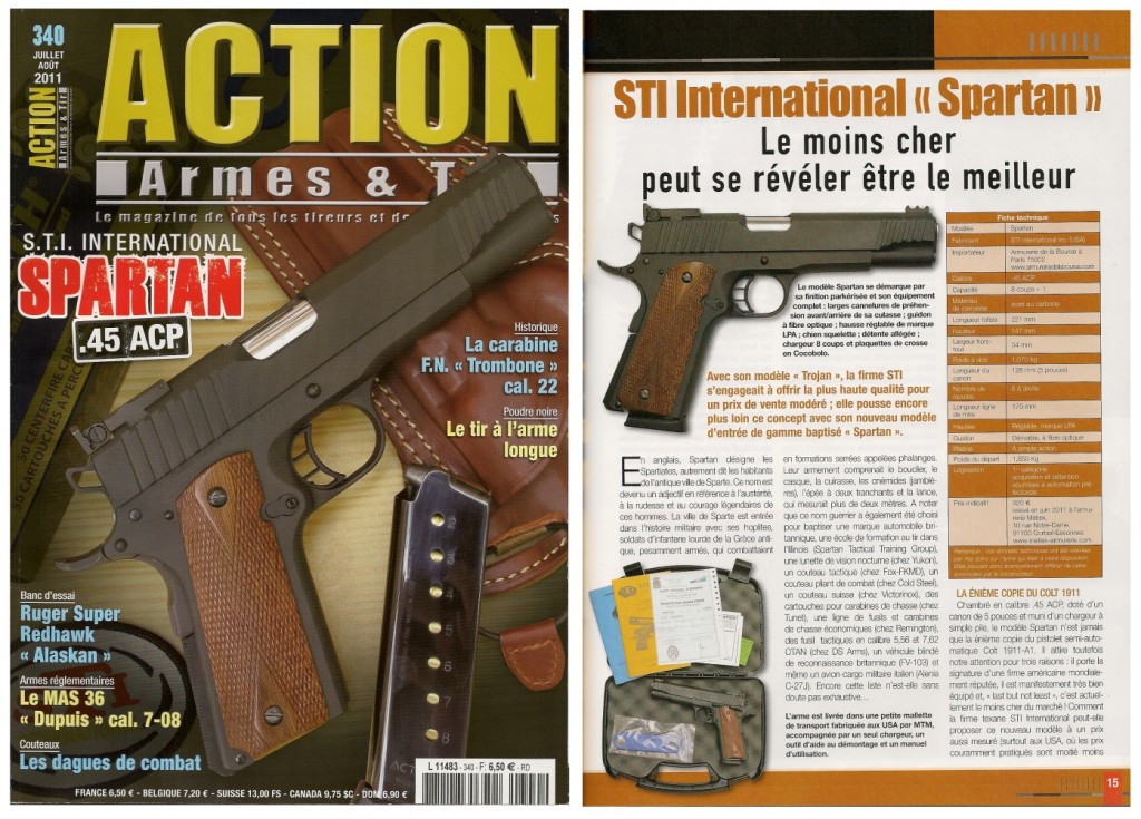 Le banc d’essai du pistolet STI Spartan a été publié sur 7 pages dans le magazine Action Armes & Tir n°340 (juillet-août 2011)