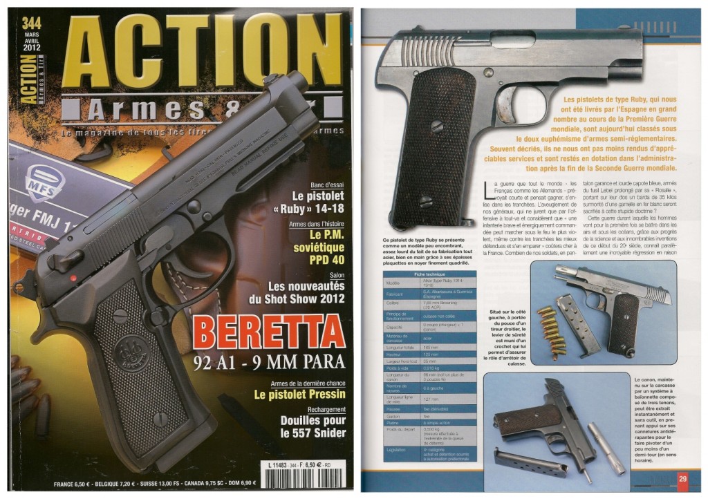 Le banc d’essai du pistolet Alkar type « Ruby 14-18 » a été publié sur 7 pages dans le magazine Action Armes & Tir n°344 (mars-avril 2012)