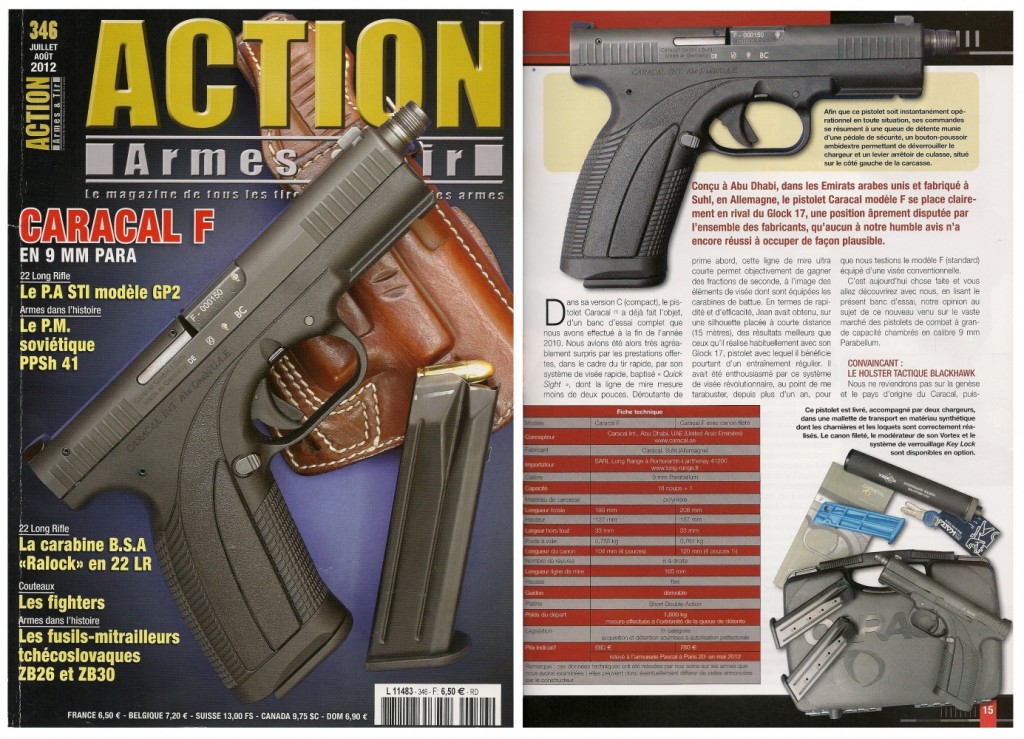 Le banc d’essai du pistolet Caracal F équipé du silencieux RDS Vortex a été publié sur 7 pages dans le magazine Action Armes & Tir n°346 (juillet-août 2012)