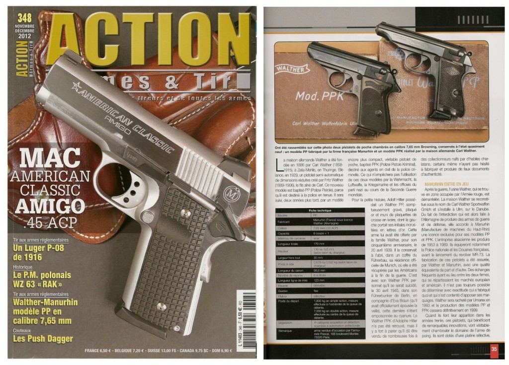 Le banc d’essai du pistolet Walther-Manurhin modèle PP a été publié sur 5 pages dans le magazine Action Armes & Tir n°348 (novembre-décembre 2012)