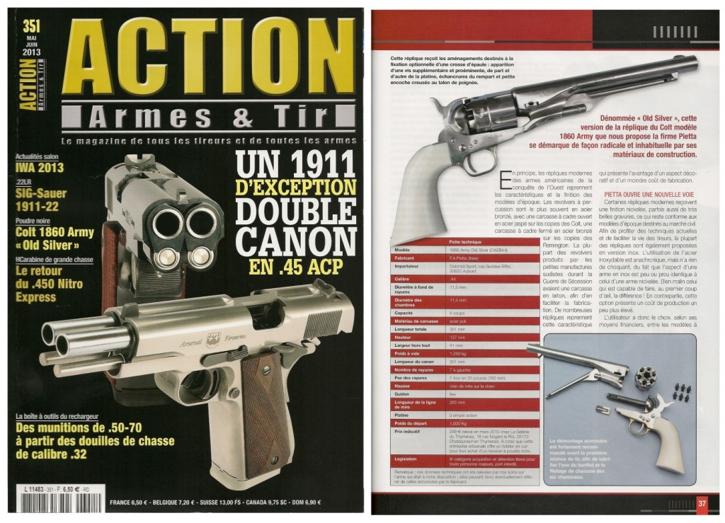 Le banc d’essai du revolver Colt 1860 Army « Old Silver » a été publié sur 7 pages dans le magazine Action Armes & Tir n°351 (mai-juin 2013)