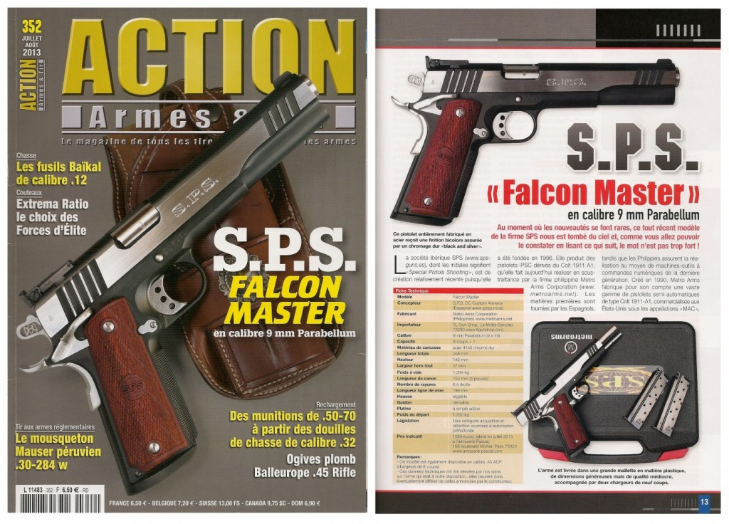 Le banc d’essai du pistolet SPS Falcon Master a été publié sur 7 pages dans le magazine Action Armes & Tir n°352 (juillet-août 2013)