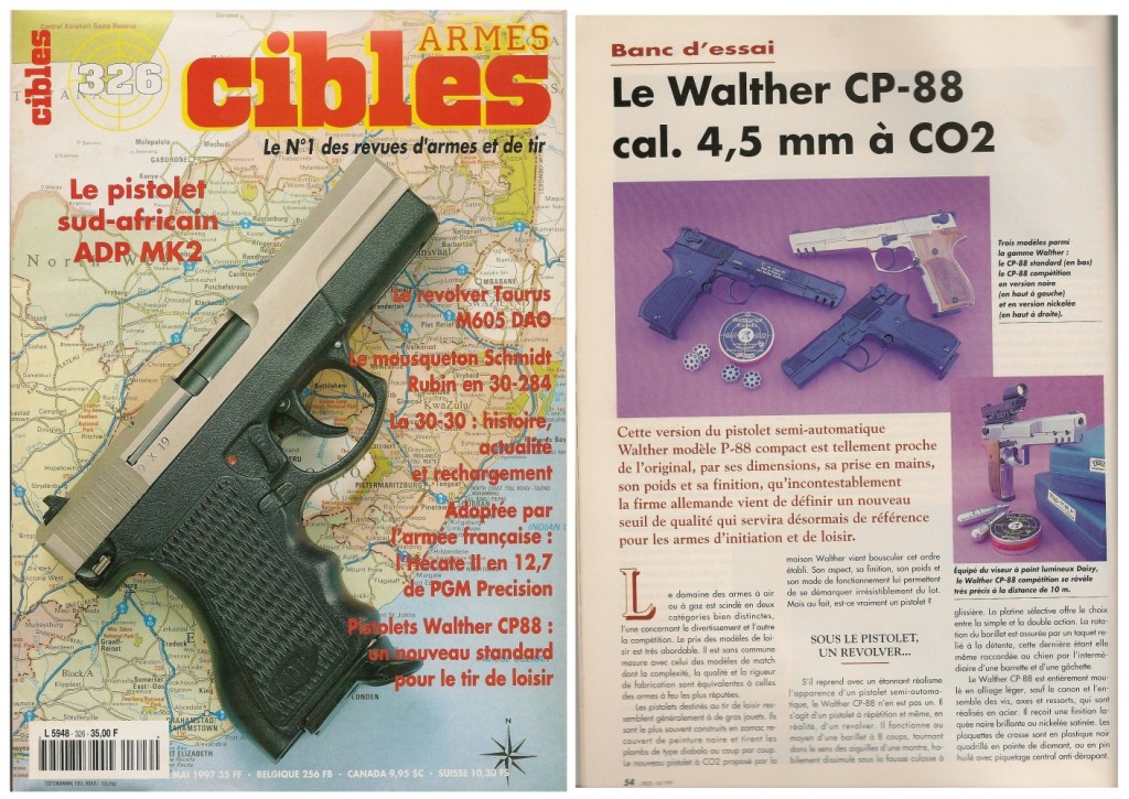 Le banc d’essai du pistolet à CO2 Walther CP-88 a été publié sur 5 pages dans le magazine Cibles n°326 (mai 1997)