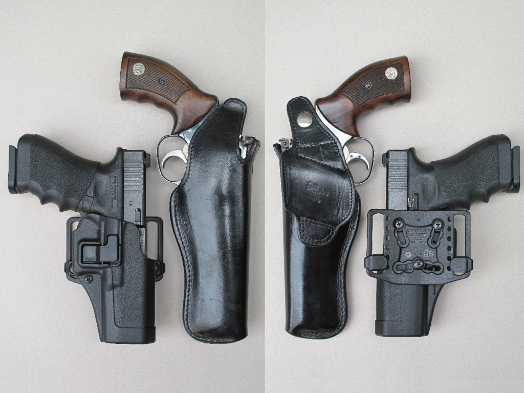 Les holsters : traditionnel, en cuir, pour le modèle « Scorpion » de l’artisan français Daniel Fichepain, destiné au MR-73 ; moderne, en Kydex, pour le modèle « Serpa Concealment » de la firme américaine Blackhawk, destiné au Glock 17.