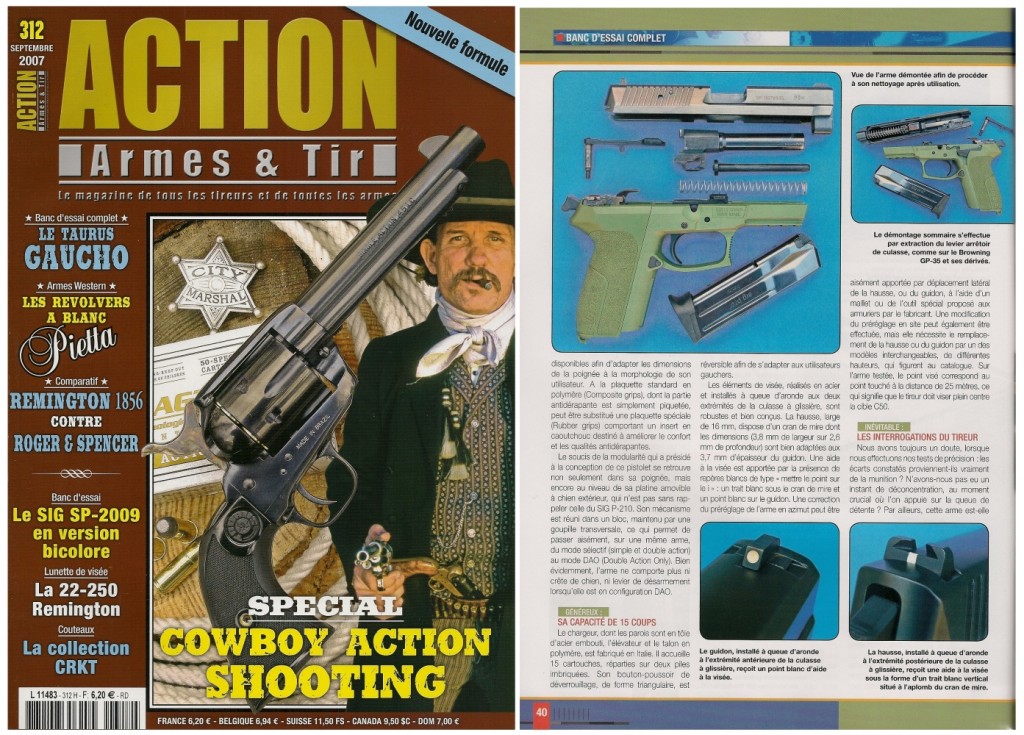 Le banc d’essai du Sig-Sauer SP-2009 bicolore a été publié sur 7 pages dans le magazine Action Armes & Tir n°312 (septembre 2007) 