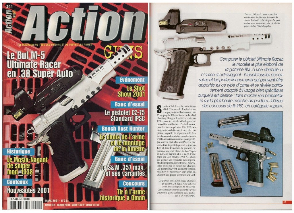 Le banc d’essai du Bul M-5 Ultimate Racer a été publié sur 8 pages dans le magazine Action Guns n°241 (mars 2001) 